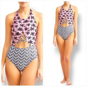 NEW No Boundaries Palm Sunrise One Piece Cut Out Corset Lace Up Swimsuit Med